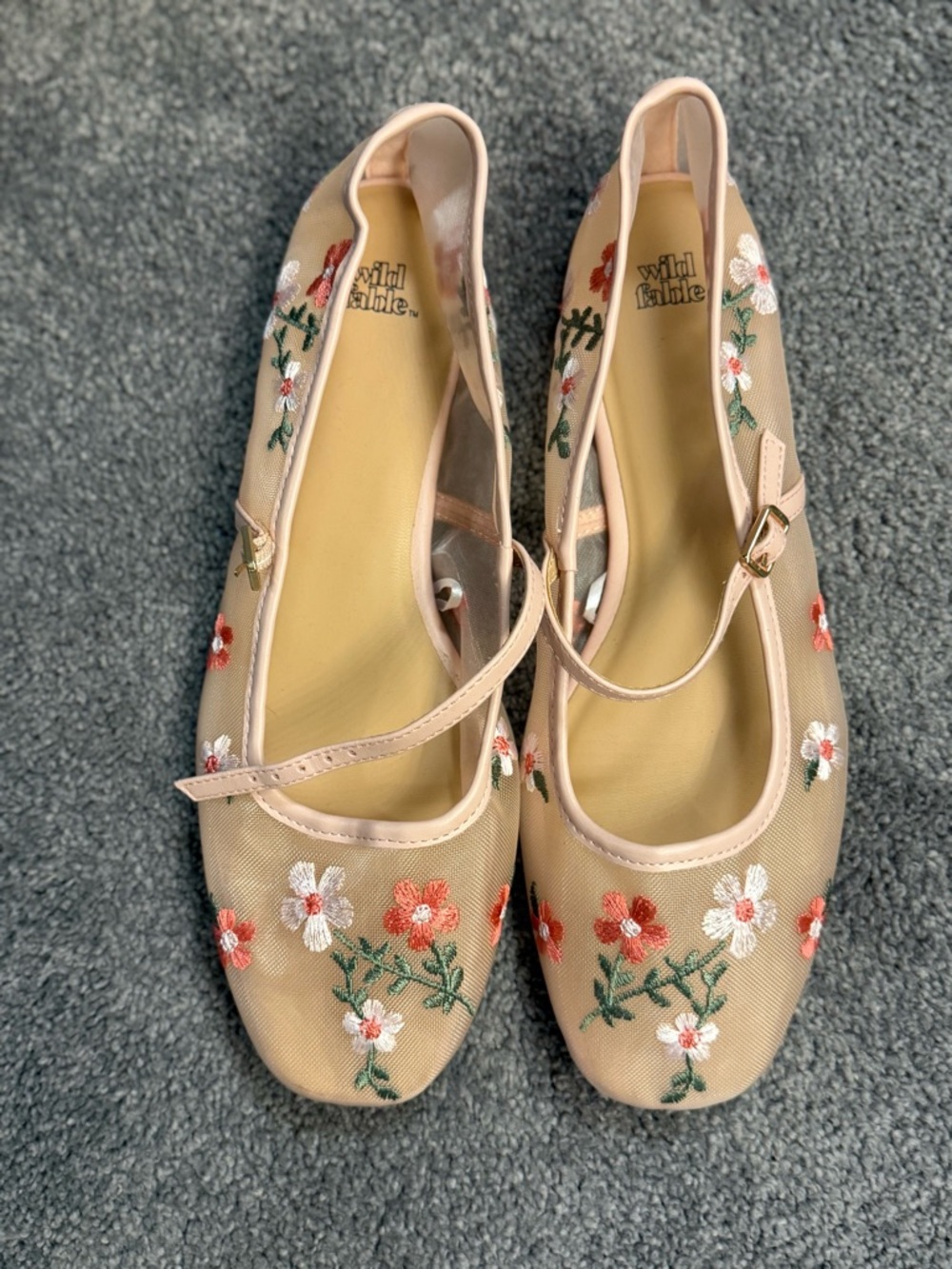 wild fable Beige Floral Embroidered Mary Jane Flats with Pink and White Flowers